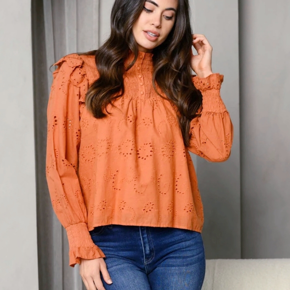 FEW LEFT❗️On Twelfth Boho Chic Spicy Rust Eyelet Embroidery Long Sleeves Top - Picture 3 of 6